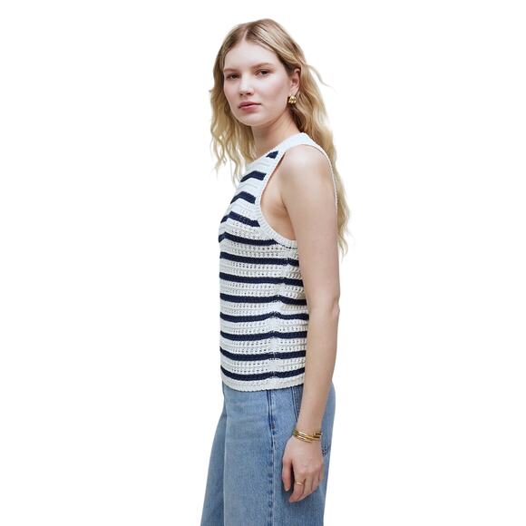 Madewell XS Crochet Knit Tank Top White Navy Stripe Cotton Summer - Picture 2 of 8
